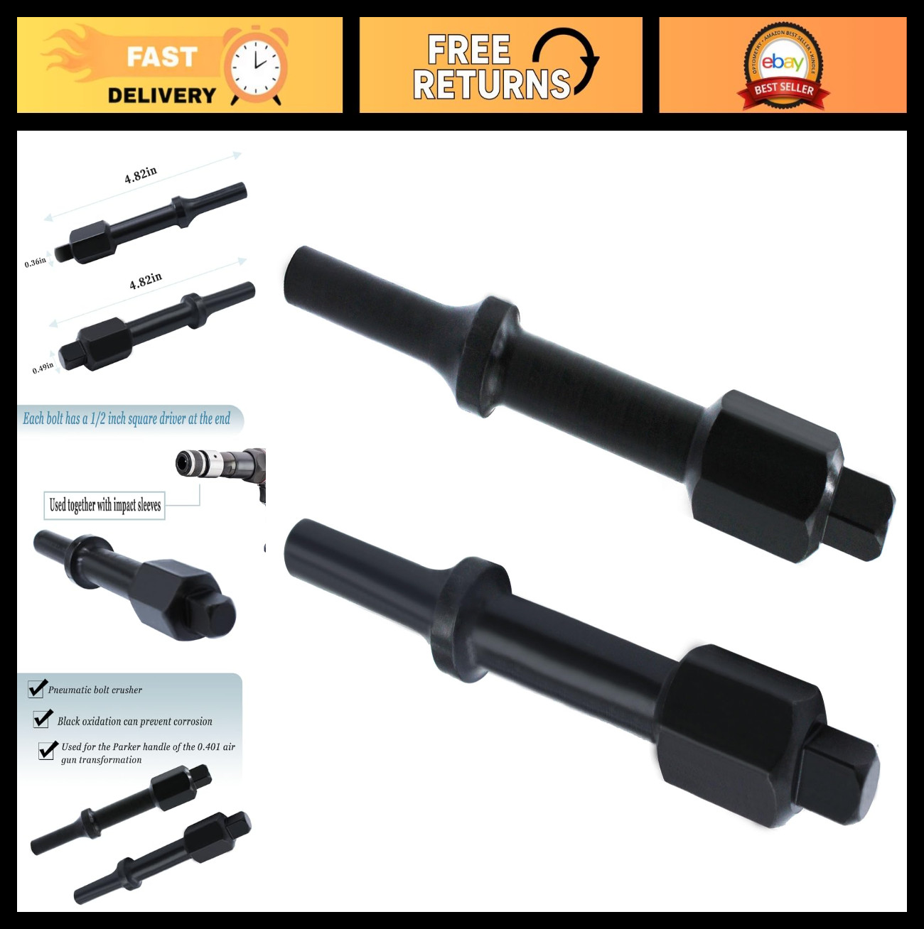 Pneumatic Bolt Breaker Set – 2-Piece Air Hammer Socket Adapter, 3/8″ & 1/2″
