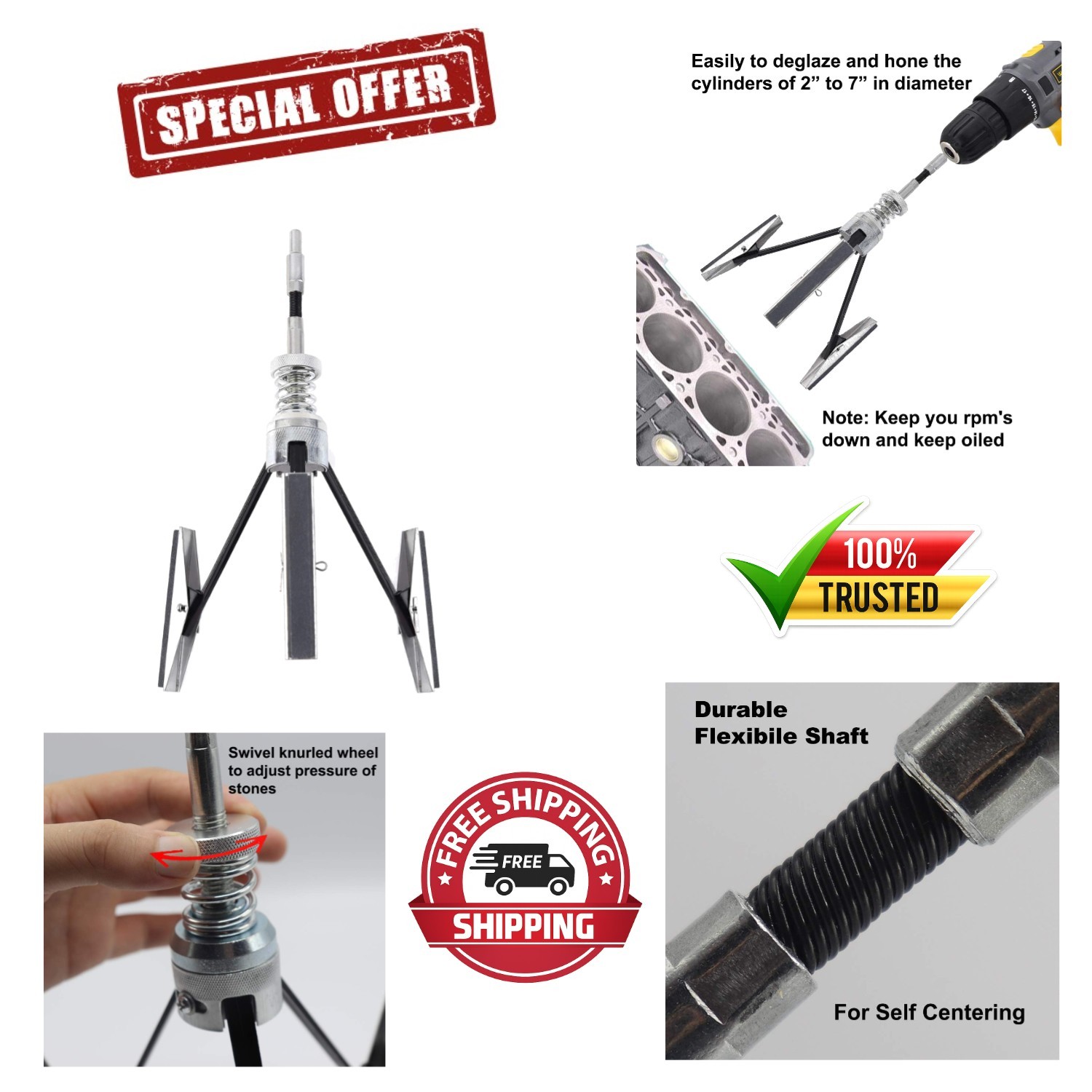 Adjustable Engine Cylinder Hone Tool for 2″ to 7″ Diameters with 220 Grit Stones