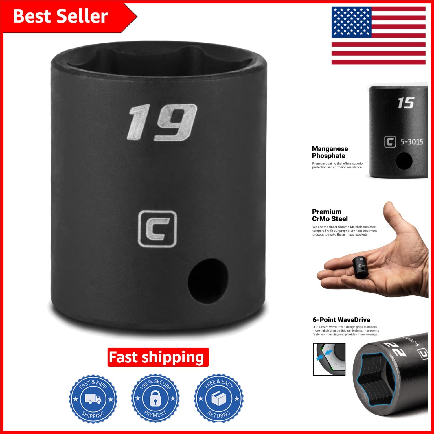 19 mm Impact Socket – 3/8 Drive, Manganese Phosphate Coated Excellence