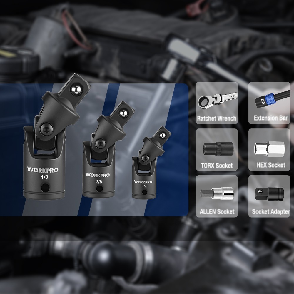 WORKPRO 3PC Universal Joint Socket Adapter Set 1/4″ 3/8″ 1/2″Dr Flexible U-Joint