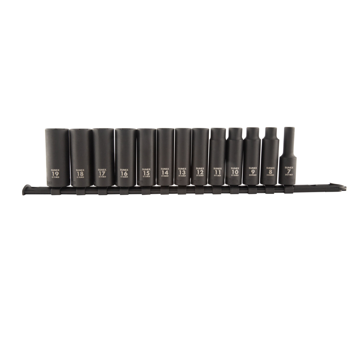 SUNEX 13 Piece 3/8 Inch Drive Metric Deep Impact Socket Set on rail 3359A