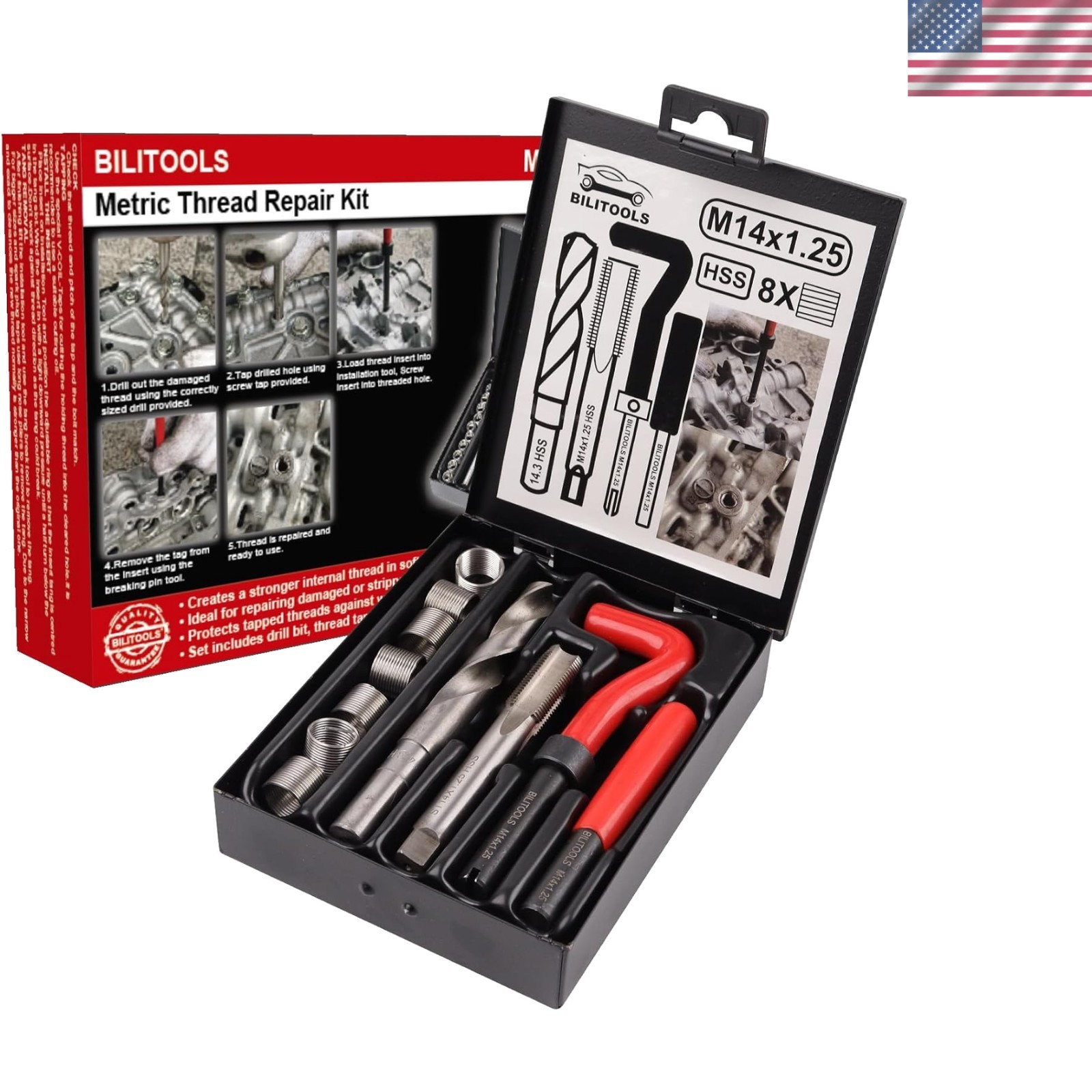 Versatile M14x1.25 Thread Repair Kit – Stainless Steel Inserts & Tools Included