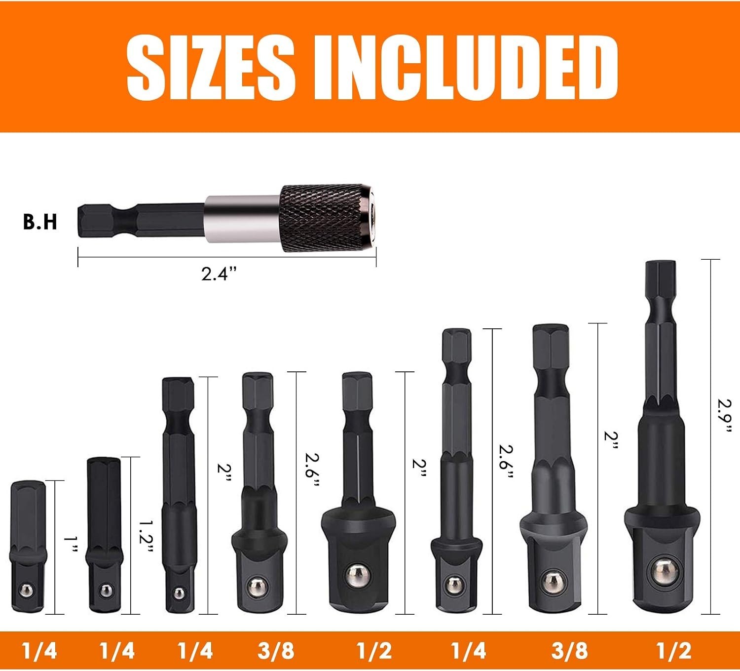 Impact Drill Adapter Set – 1/4″ Hex Shank, 9 Pieces for Power Tools