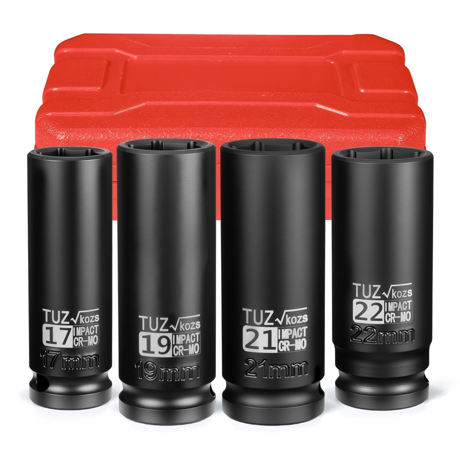 4-Piece 1/2″ Drive Deep Impact Socket Set – Metric 17mm 19mm 21mm 22mm, Cr-Mo, 6