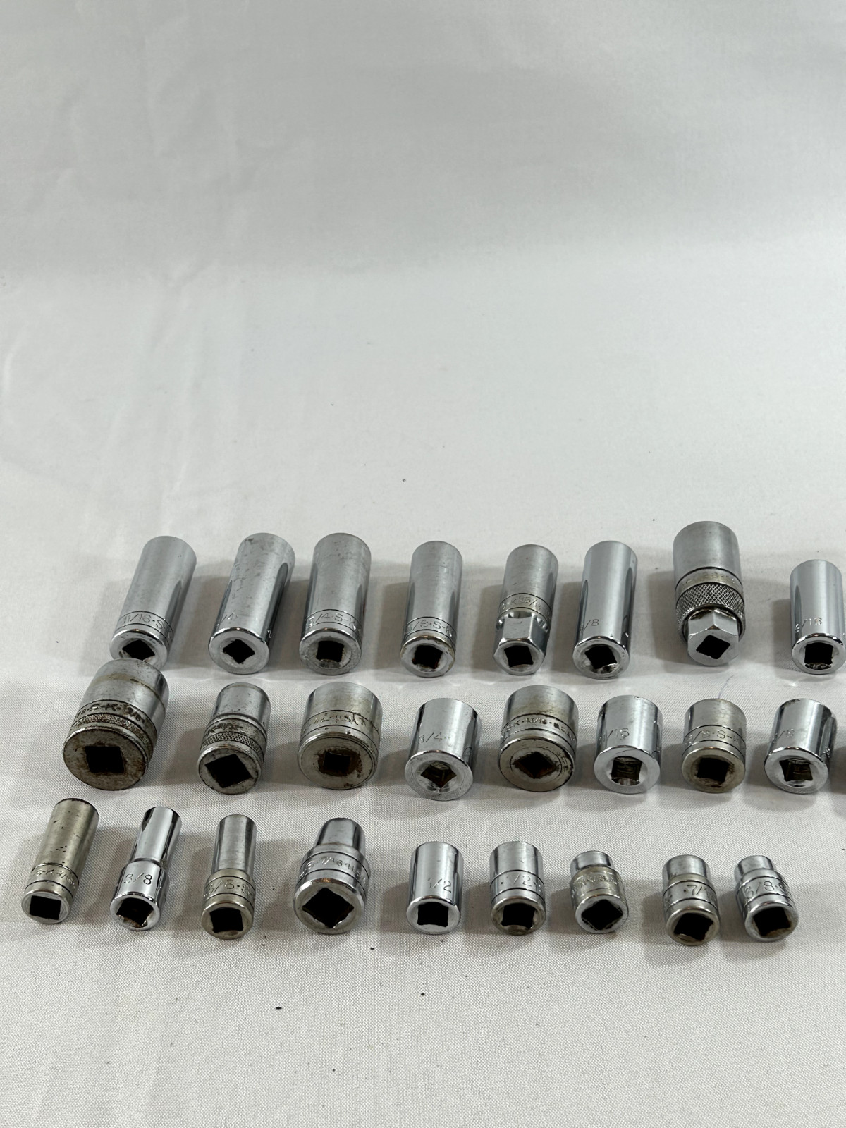 Lot of S-K Sockets – 29 Pieces – All different types 26 3/8 Drive- 1/2 Drive