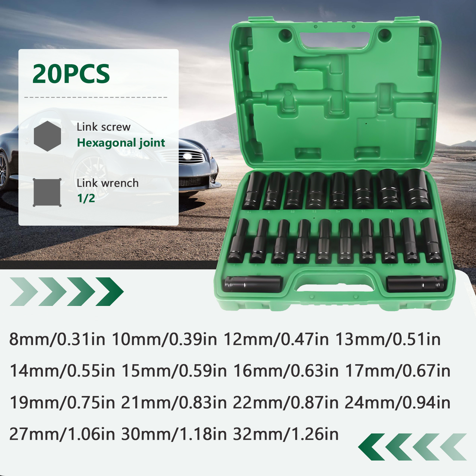 Impact Sockets Set 1/2Inch Drive 20 PCS Metric 8mm-32mm Deep 6-Point Set w/case