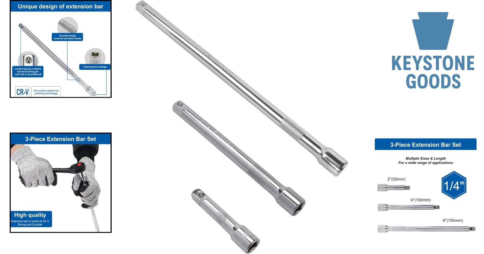 3-Piece 1/4” Drive Socket Extension Set – Chrome Vanadium Steel, Includes 2”,…