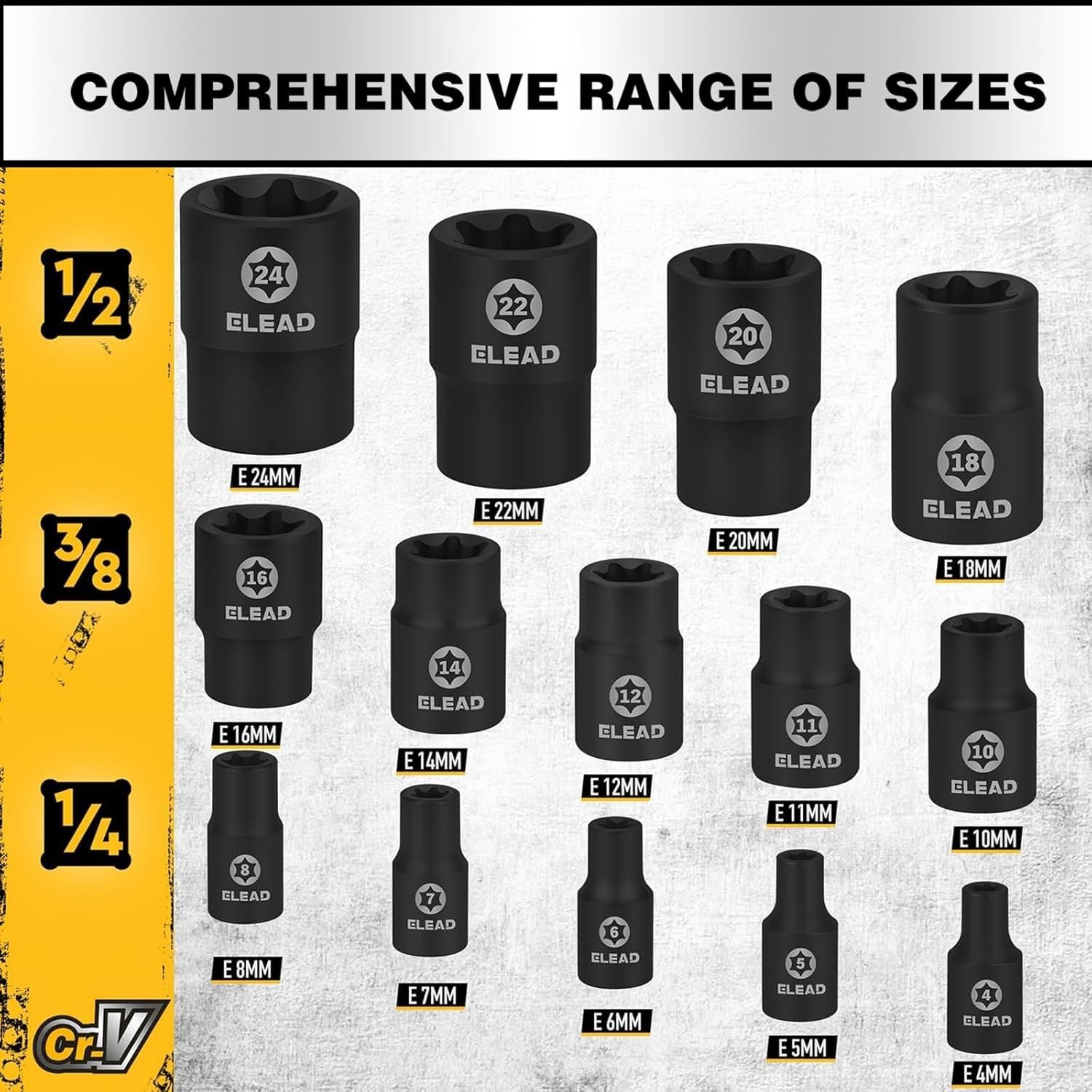 17-Piece Inverted E-Torx Socket Set – Premium Impact Cr-V Steel E4 – E24 Star Fe