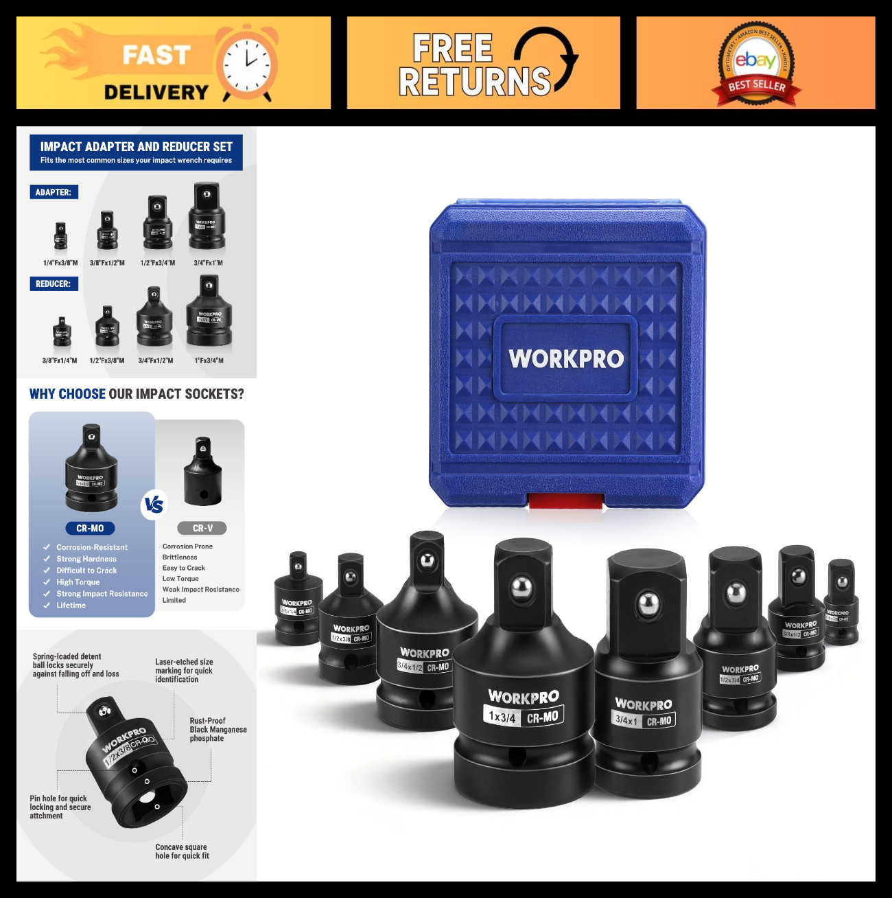 8-PC Impact Socket Adapter Set, CR-MO Steel, 1/4″-1″ Drive, Wrench Conversion Ki