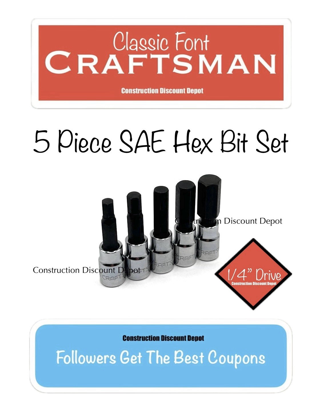 Craftsman Standard SAE Hex Bit Allen Socket Set 1/4″ Drive 5pc Same Day Shipping
