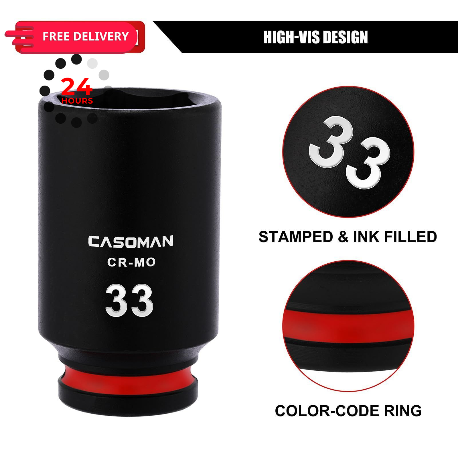 CASOMAN 1/2″ Drive x 33mm Deep Impact Socket, 6-Point, Metric, CR-MO