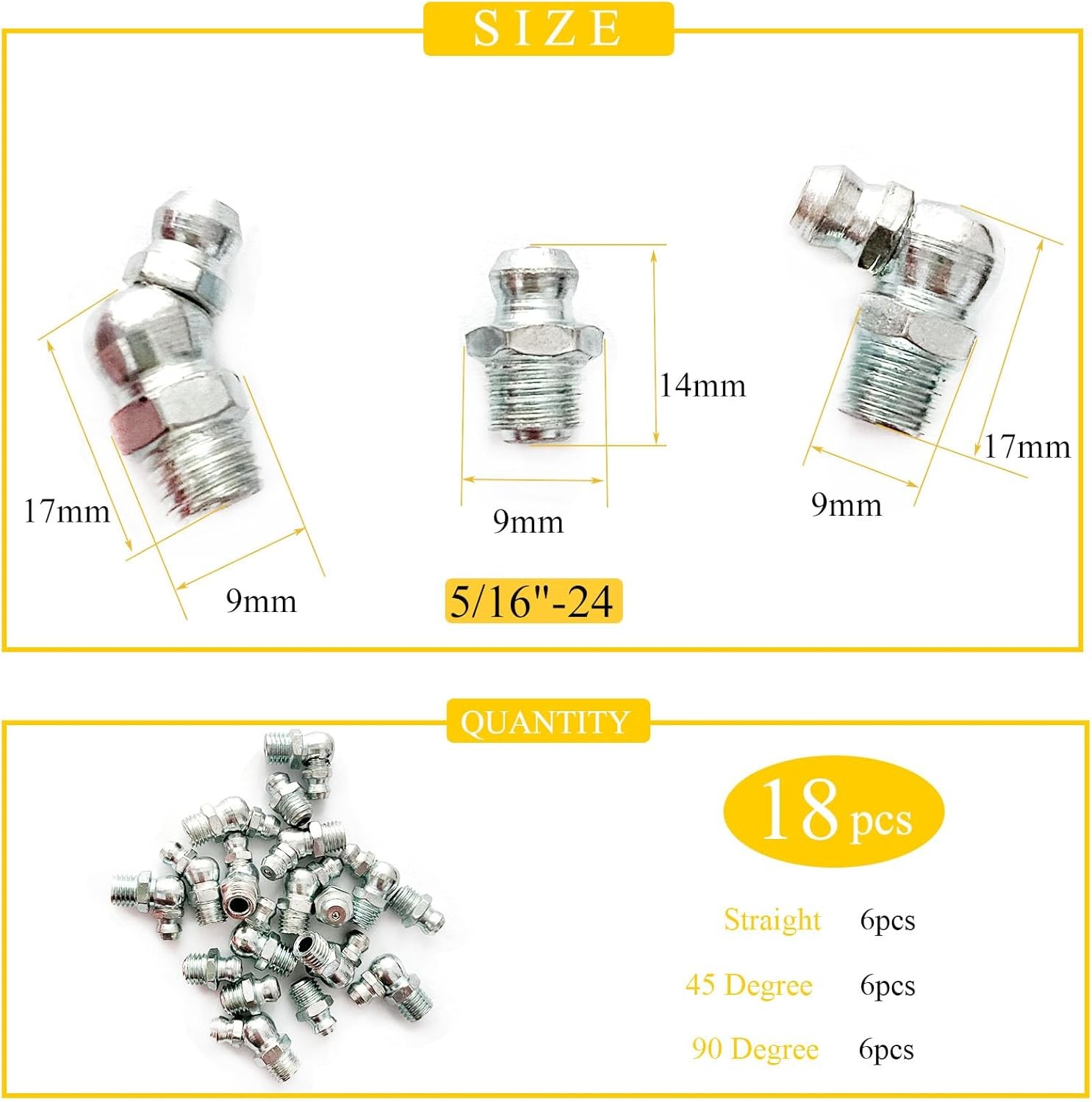 5/16″-24 18Pcs Grease Fitting Assortment Straight 45 90 5/16-24 18Pcs, Sliver