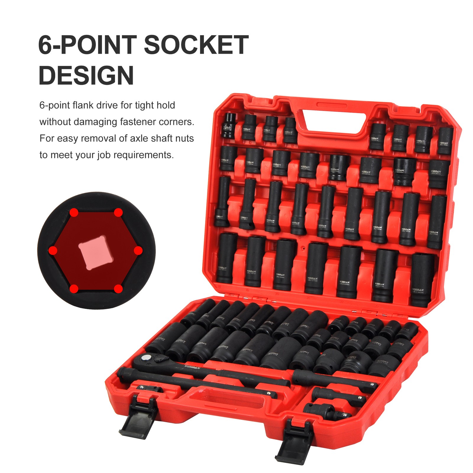 66PC 1/2in Drive Impact Socket Set 6 Point Shallow & Deep Socket Set SAE Metric
