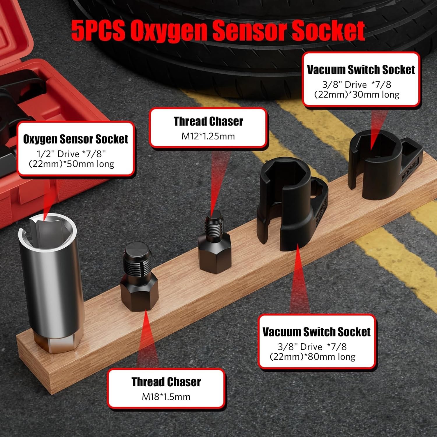 5pcs O2 Oxygen Sensor Socket Wrench Removal Tool 3/8″ 1/2″ Drive x 7/8″ 22mm Set