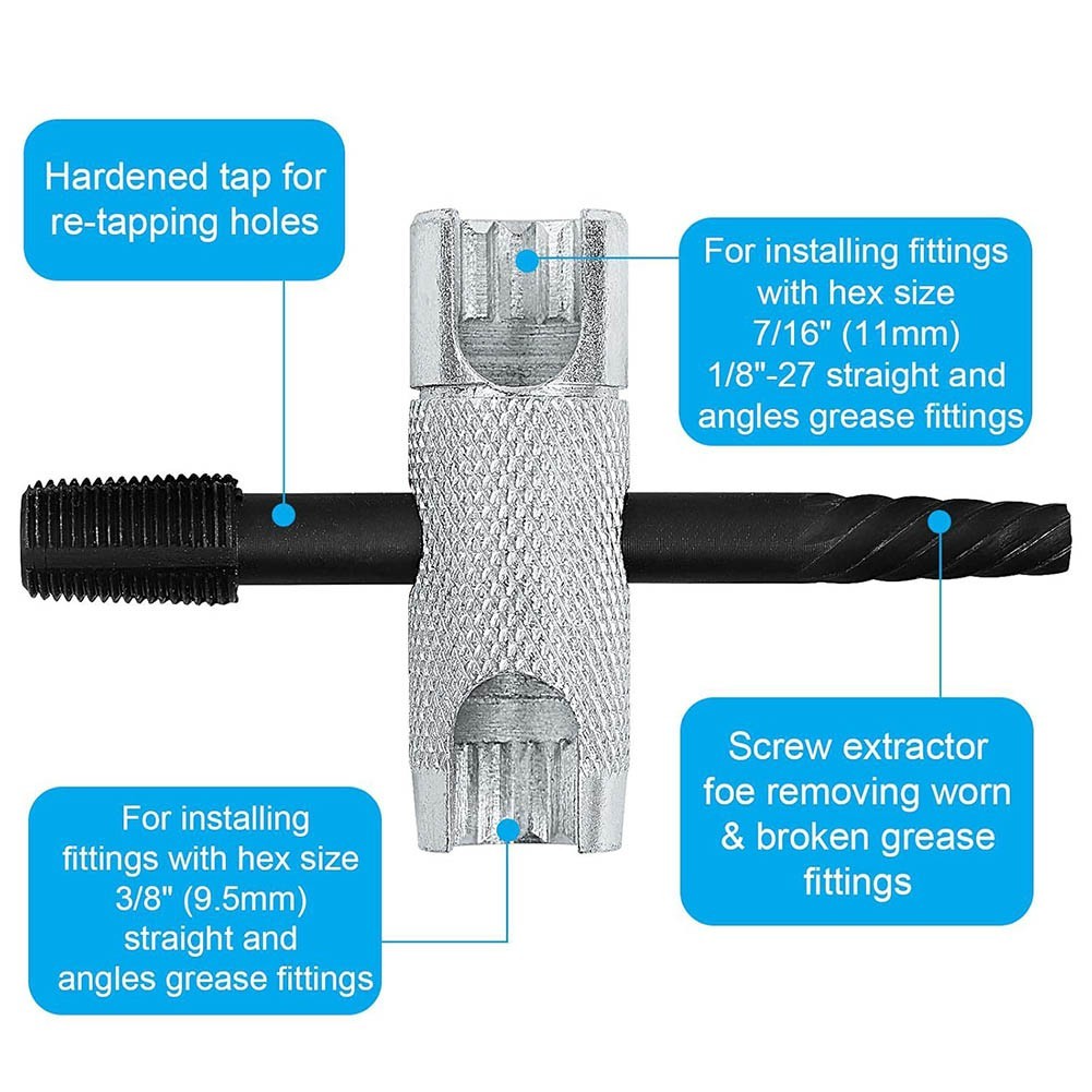 Dual Function Grease Zerk Tool Silver Socket and Black Tap for 1 8 1 4 Threads