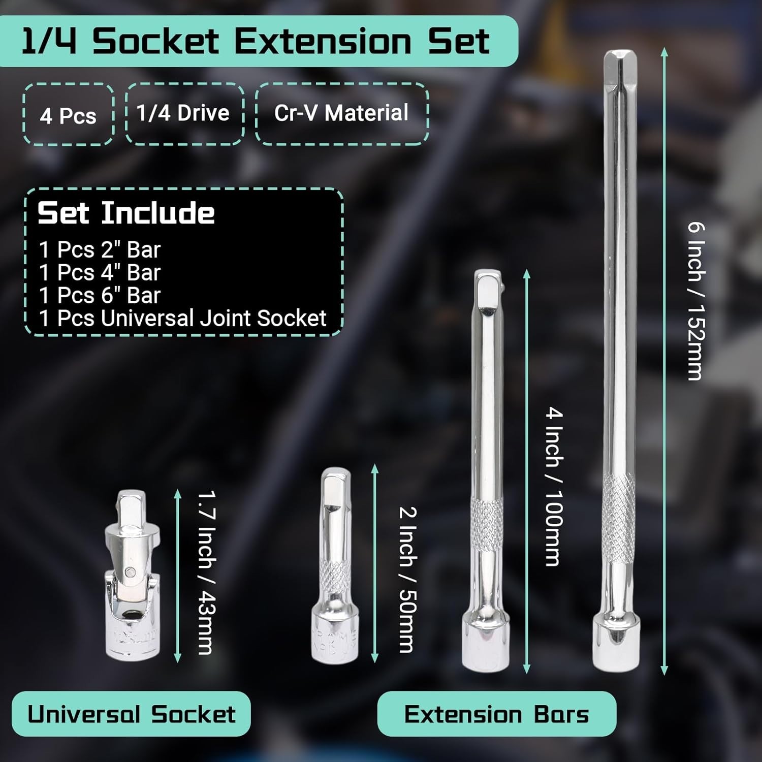 4 Pcs 1/4 Inch Chrome Vanadium Socket Extension Set with Universal Joint – He…