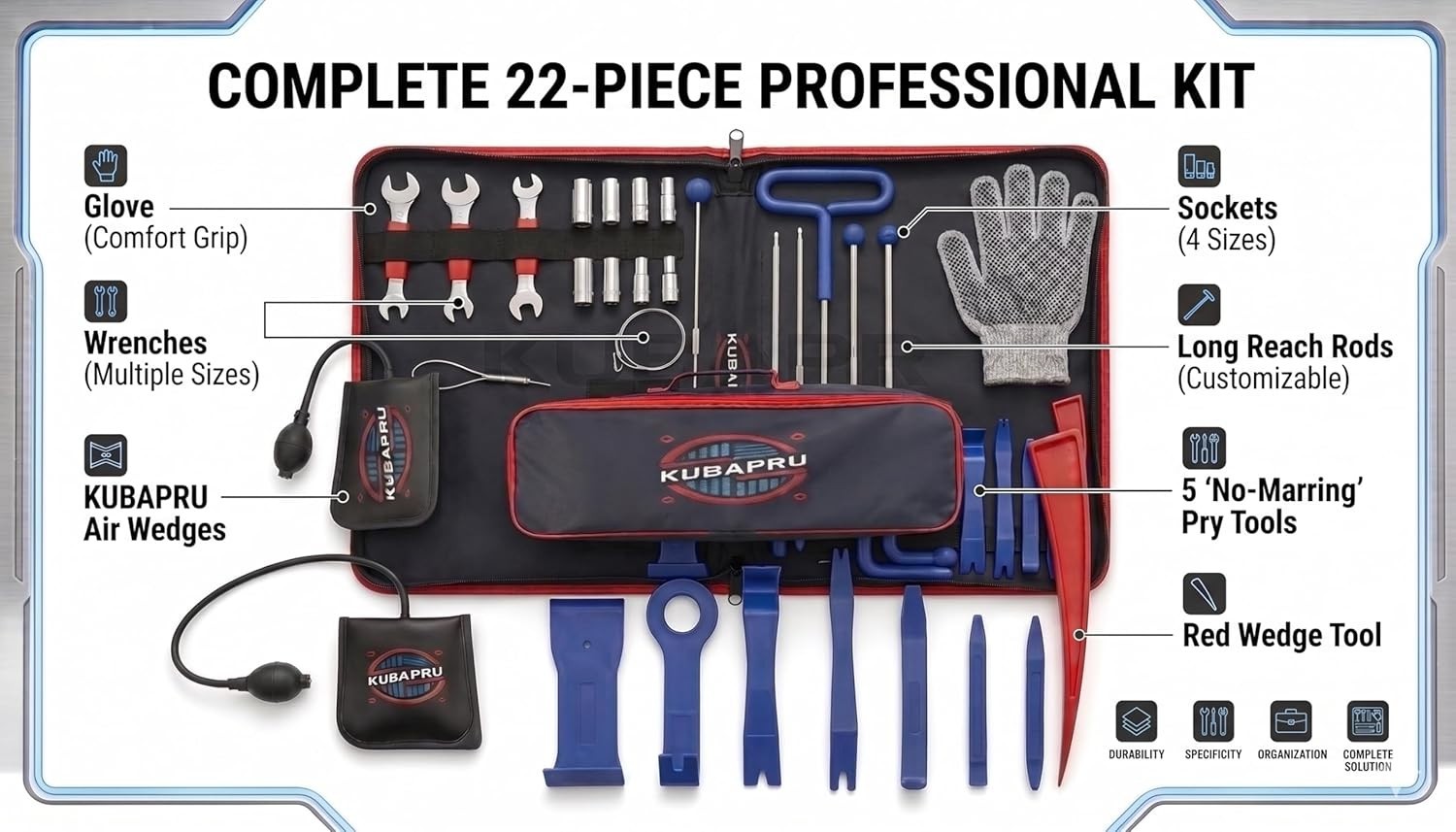 22-Piece Car Repair Tool Kit – Stainless Steel Tools & Inflatable Air Wedge