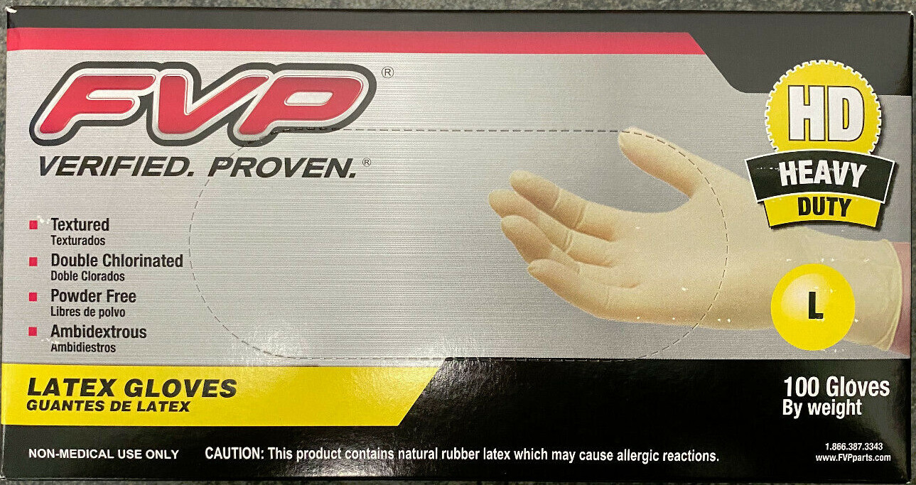 FVP Latex Gloves LARGE Textured Double Chlorinated Powder Free Ambidextrous HD