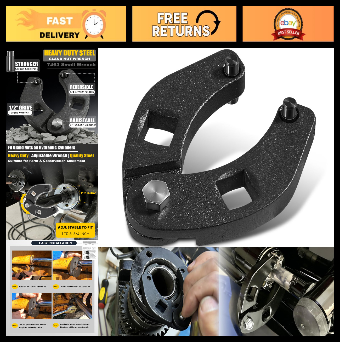 Adjustable Gland Nut Wrench Tool for Hydraulic Cylinders, Heavy Duty Pin Spanner