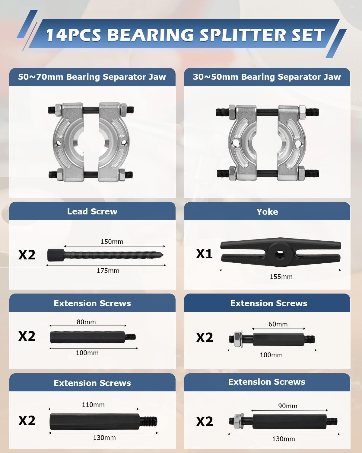 Professional 14-Pc Bearing Separator Set with Drop-Forged Steel Construction