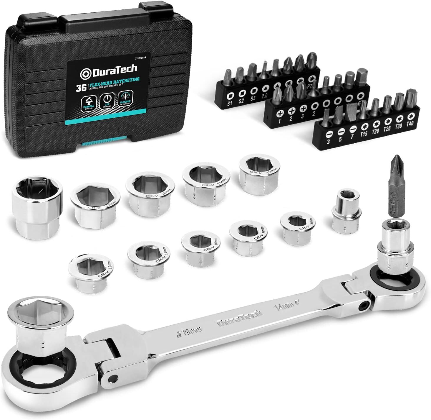 DURATECH 12-in-1 Flex-Head Ratcheting Wrench Set & 24-in-1 Mirror Finish