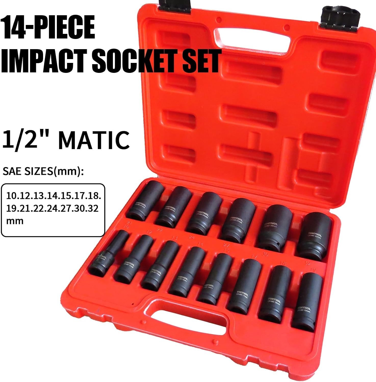 1/2 Inch Impact Socket Set – 14 Metric Sizes, Chrome Moly Steel Construction