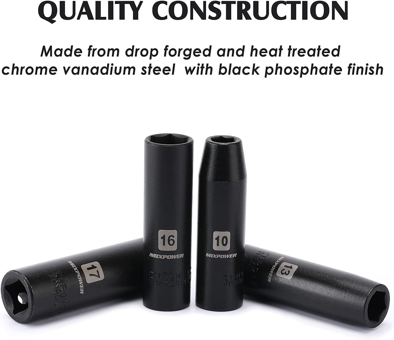 Durable Chrome Vanadium 11-Piece Impact Socket Set, 10-24mm – 1/2-Inch Drive