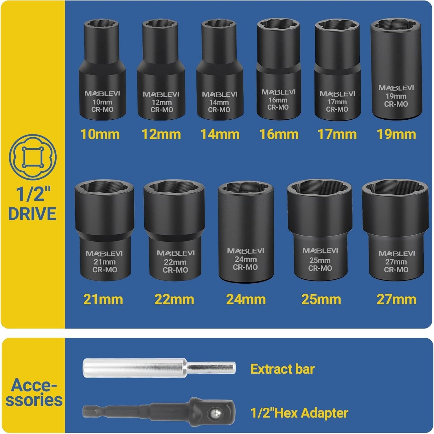 Lug Nut Removal Tool,13 PCS Bolt Extractor, 1/2 Inch Drive Lug Nut Extractor Set