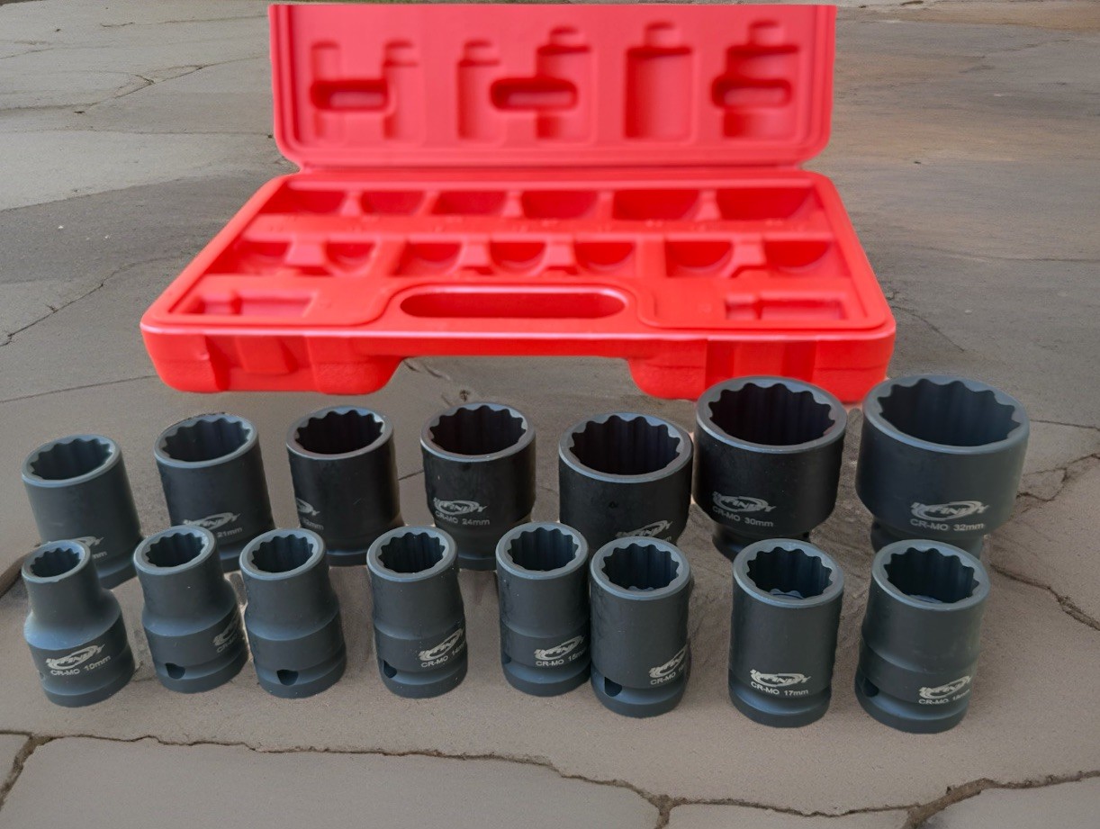 15pcs 1/2″ Drive 12 Point Metric Shallow Impact Socket Set 10~32mm Cr-MO Sockets