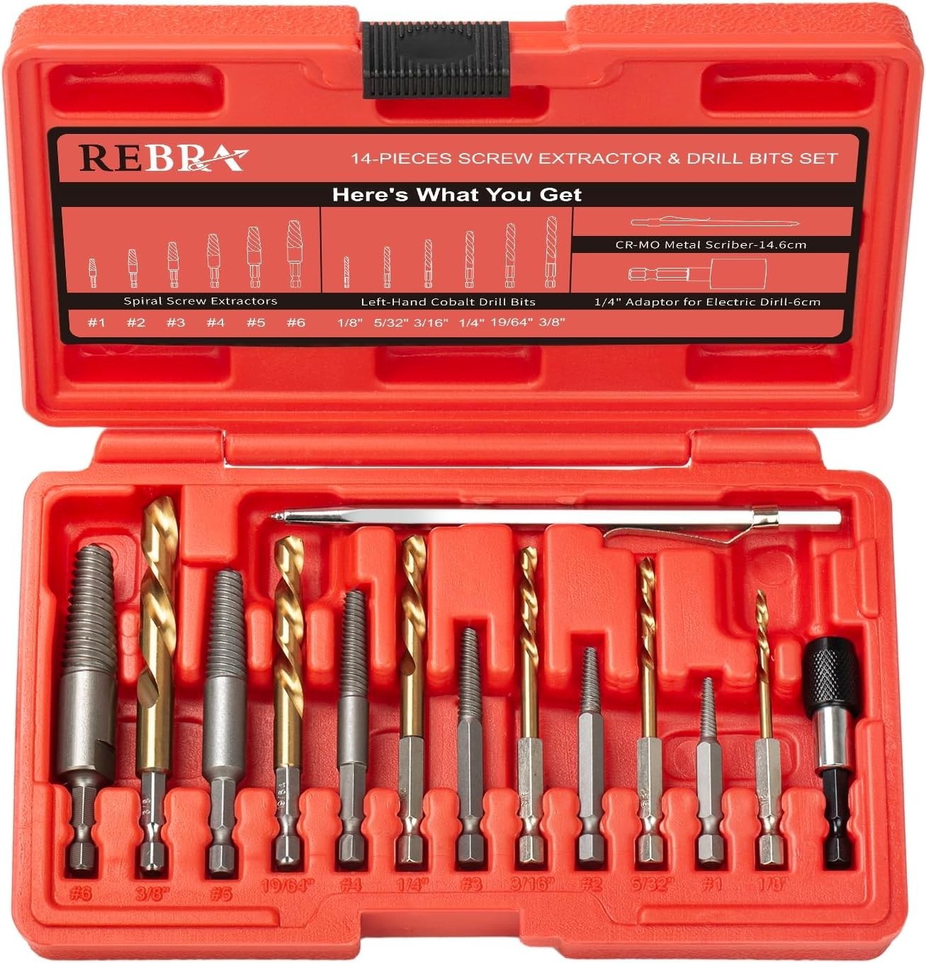 REBRA Screw Extractor and Left-Hand Drill Bit Set, Easy Out Broken One Size