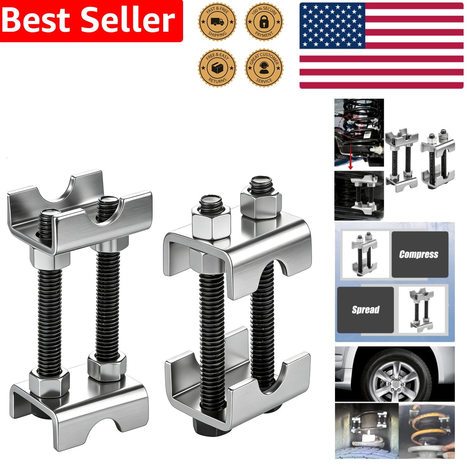 Adjustable Coil Spring Compressor Tool Set – Heavy Duty Carbon Steel 2 Pack