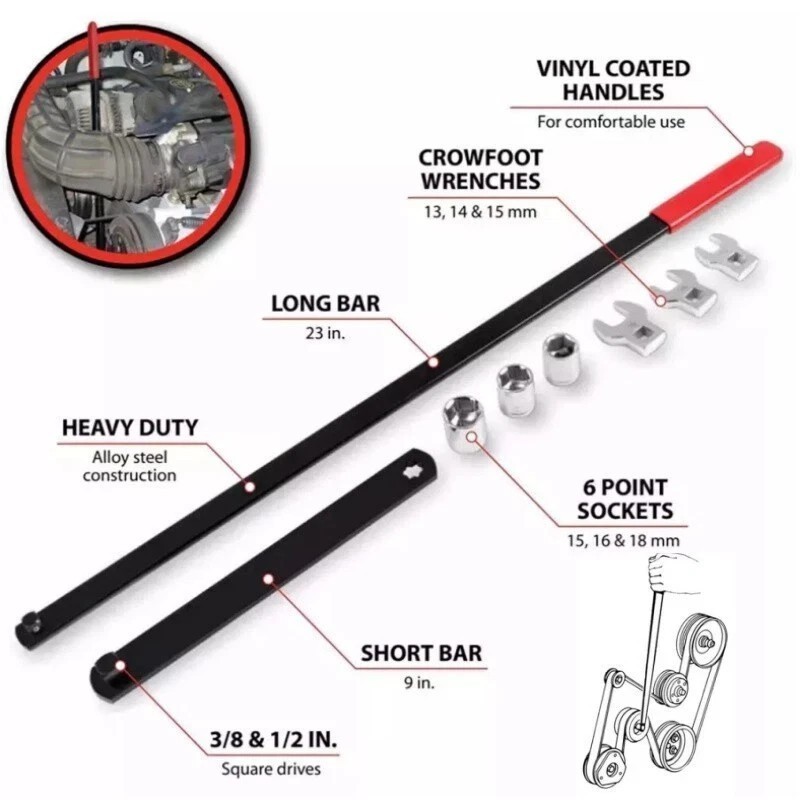 8PC Serpentine Belt Tension Tool 1/2″ 3/8″ Square Universal Belt Removal Wrech