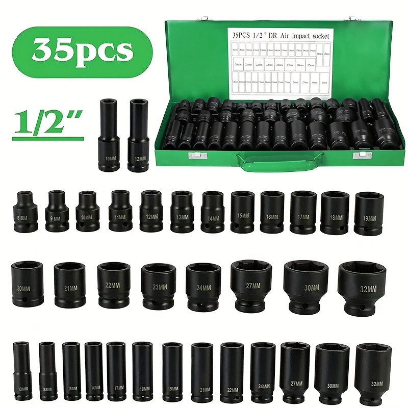 BOURVILL 35-Piece Plastic Pneumatic Socket Tool Set—Green Case