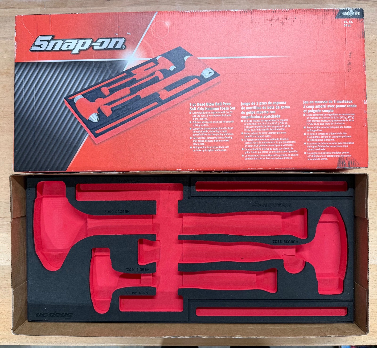 Snap-On 3 pc dead blow ball peen soft grip hammer set foam organizer and box