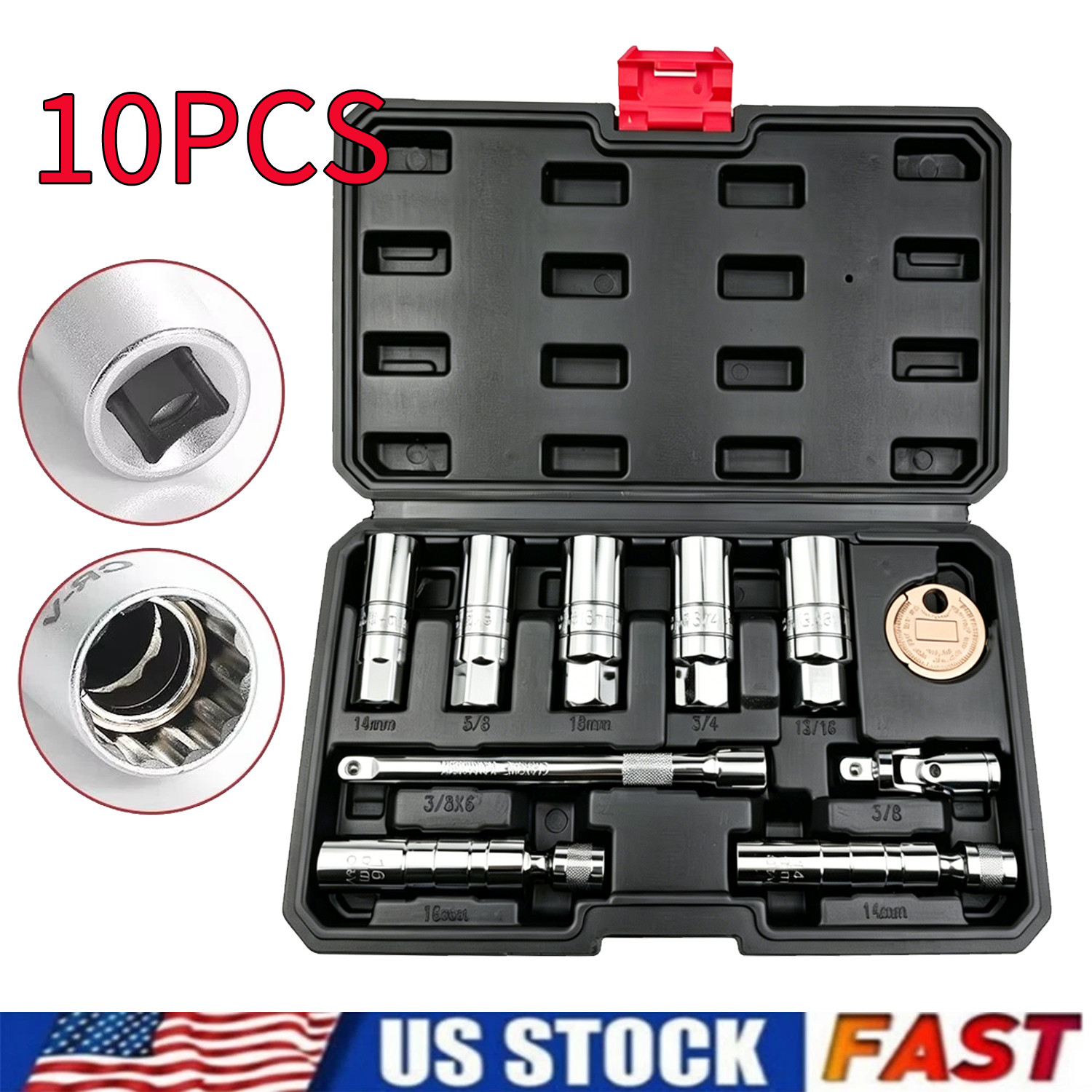 10PCS 3/8″Drive Magnetic Spark Plug Socket Set 6PT&12PT Extension Bar CR-V Steel
