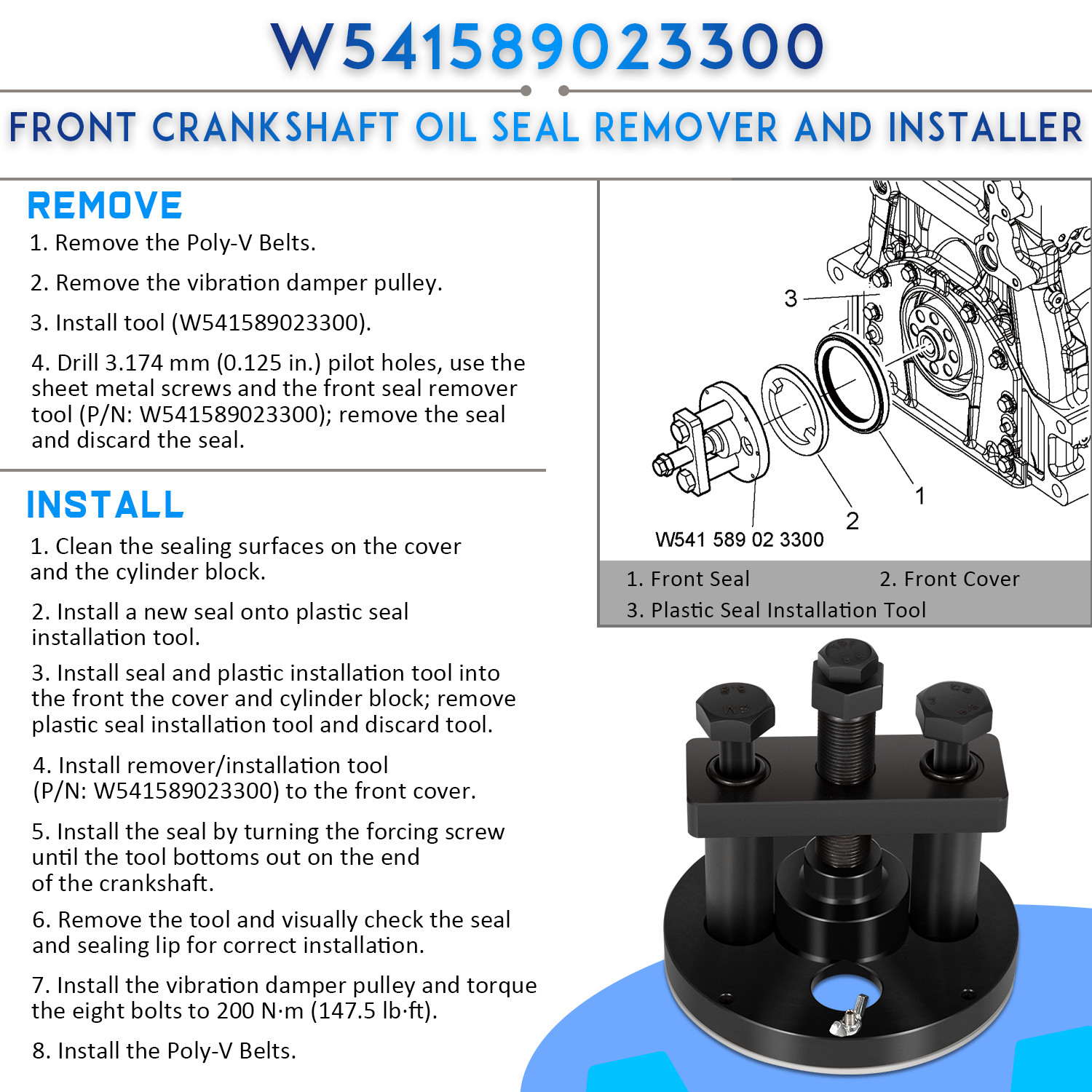 Front/Rear Crankshaft Seal Remover/Installer Tool for Detroit Diesel DD13/DD15