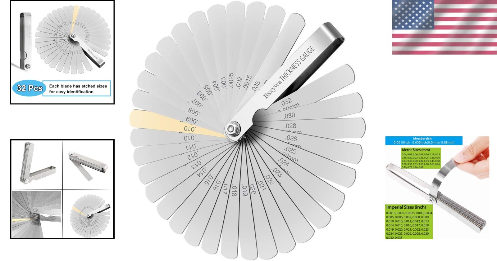 Precision Feeler Gauge Set 32 Blades Dual Marked Metric Imperial Thickness Gauge