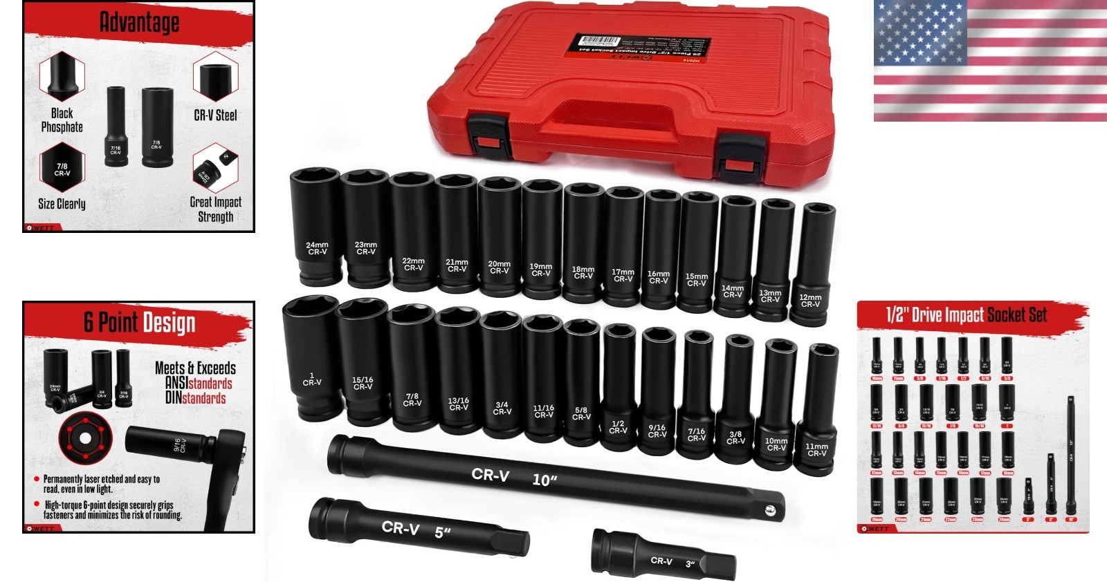 Professional 29-Piece Impact Socket Set with Easy-Read Sizes & Extension Bars