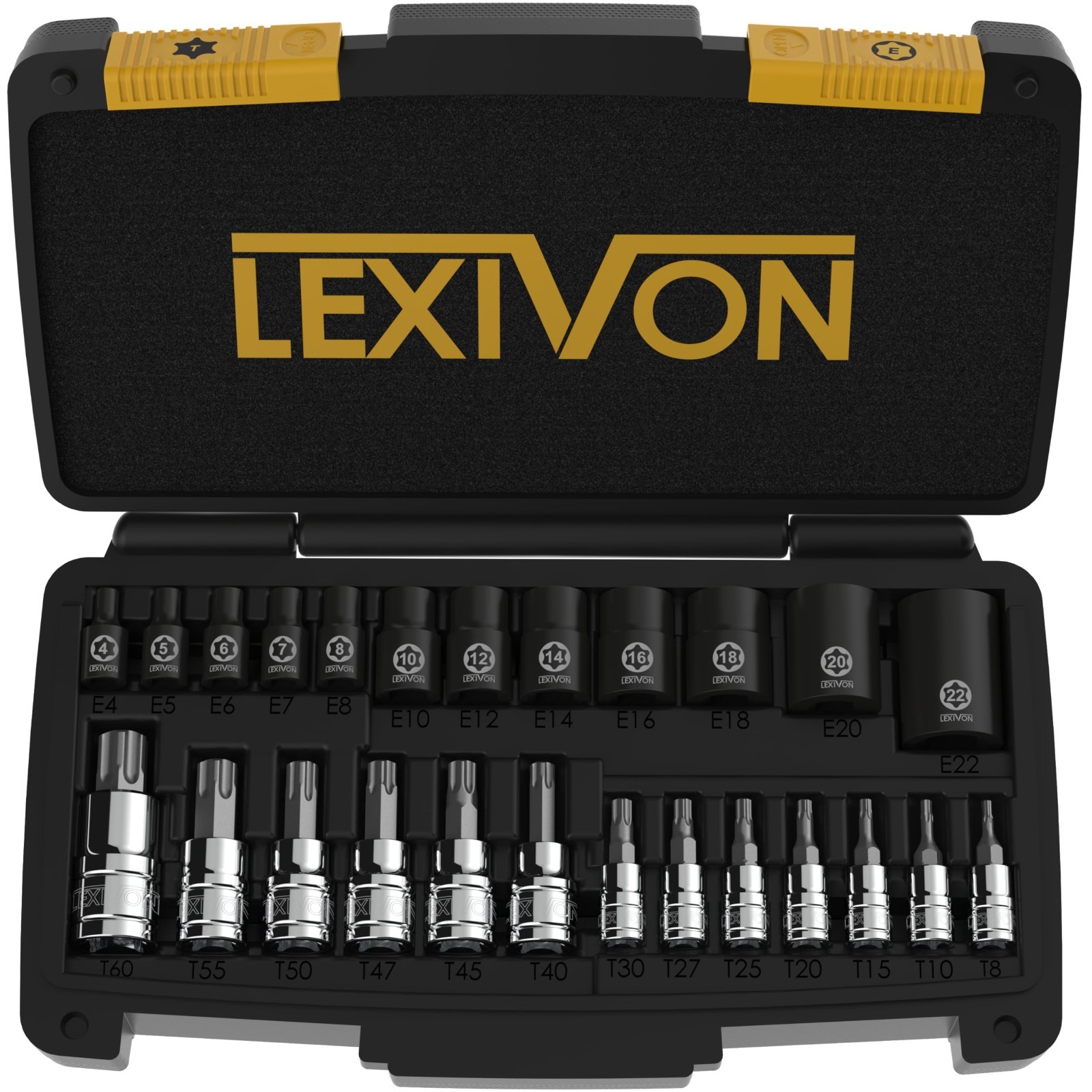 25-Piece Torx Bit & Socket Set, Premium S2 Alloy & Cr-V Steel, E-Torx T8-T60, He
