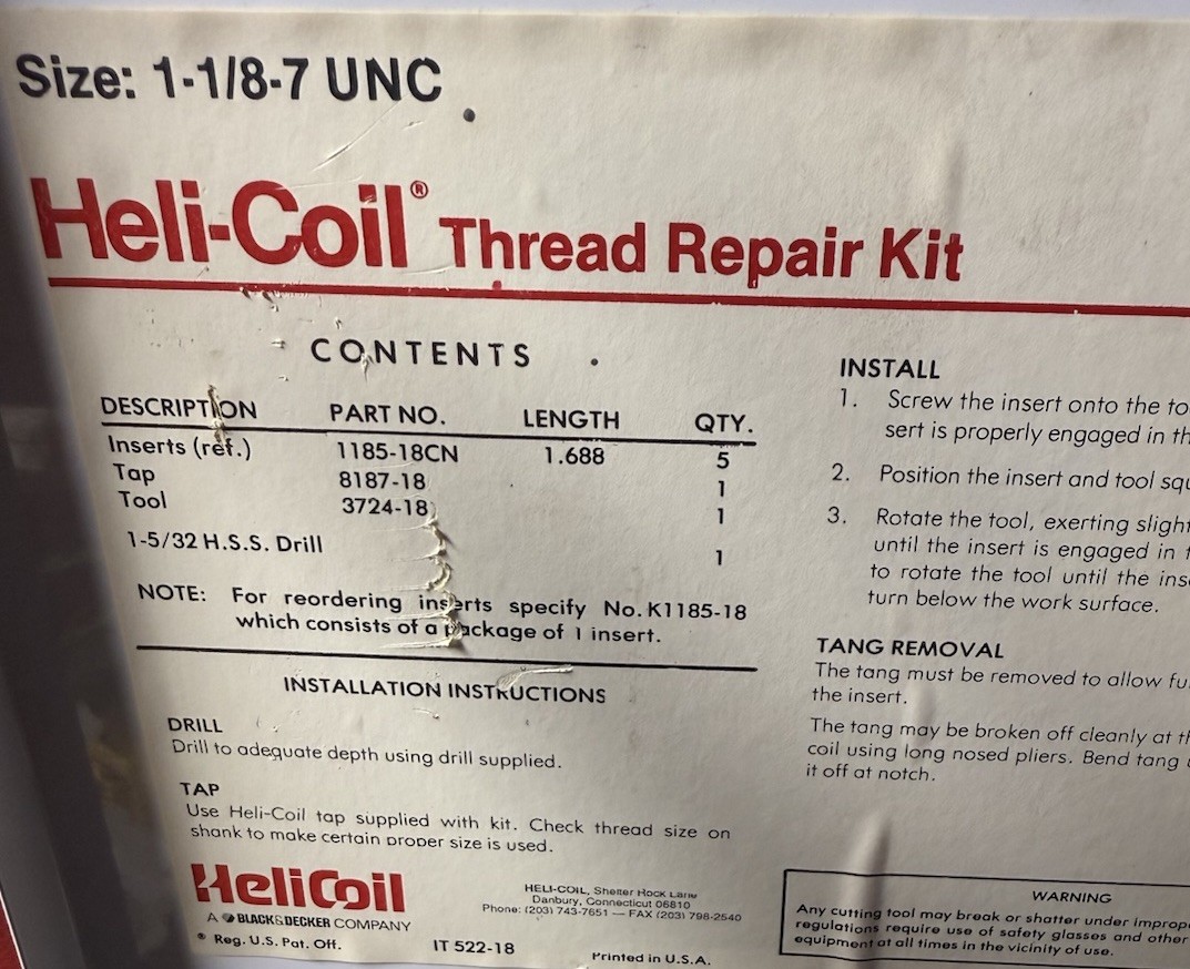 Heli-Coil Thread Repair Kit 5521-18 1 1/8″ 7 Used Twice Coils All Brand New