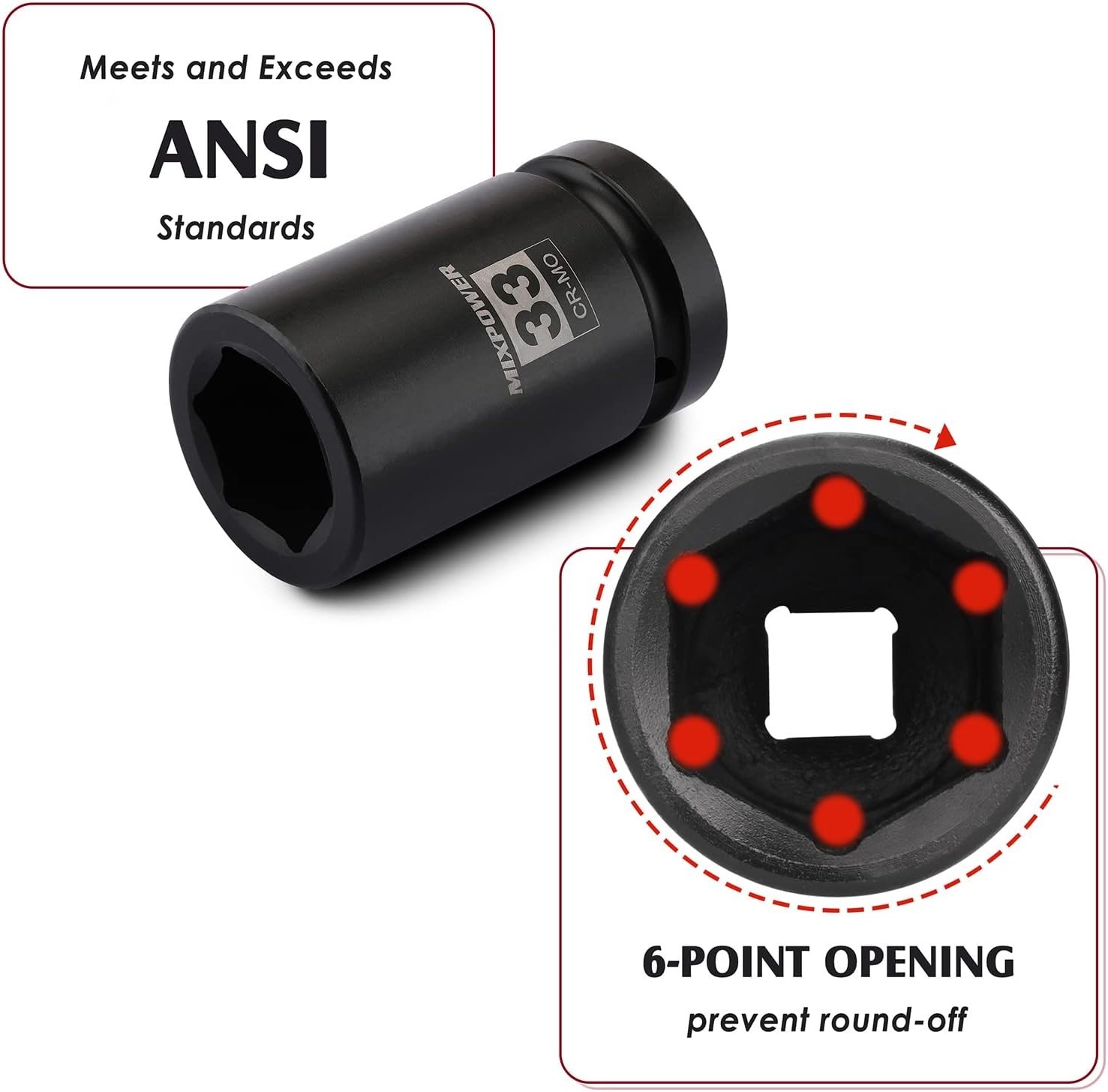 2 Pieces 1 Inch Drive Deep Impact Socket, CR-MO, 33mm (2 Pieces)