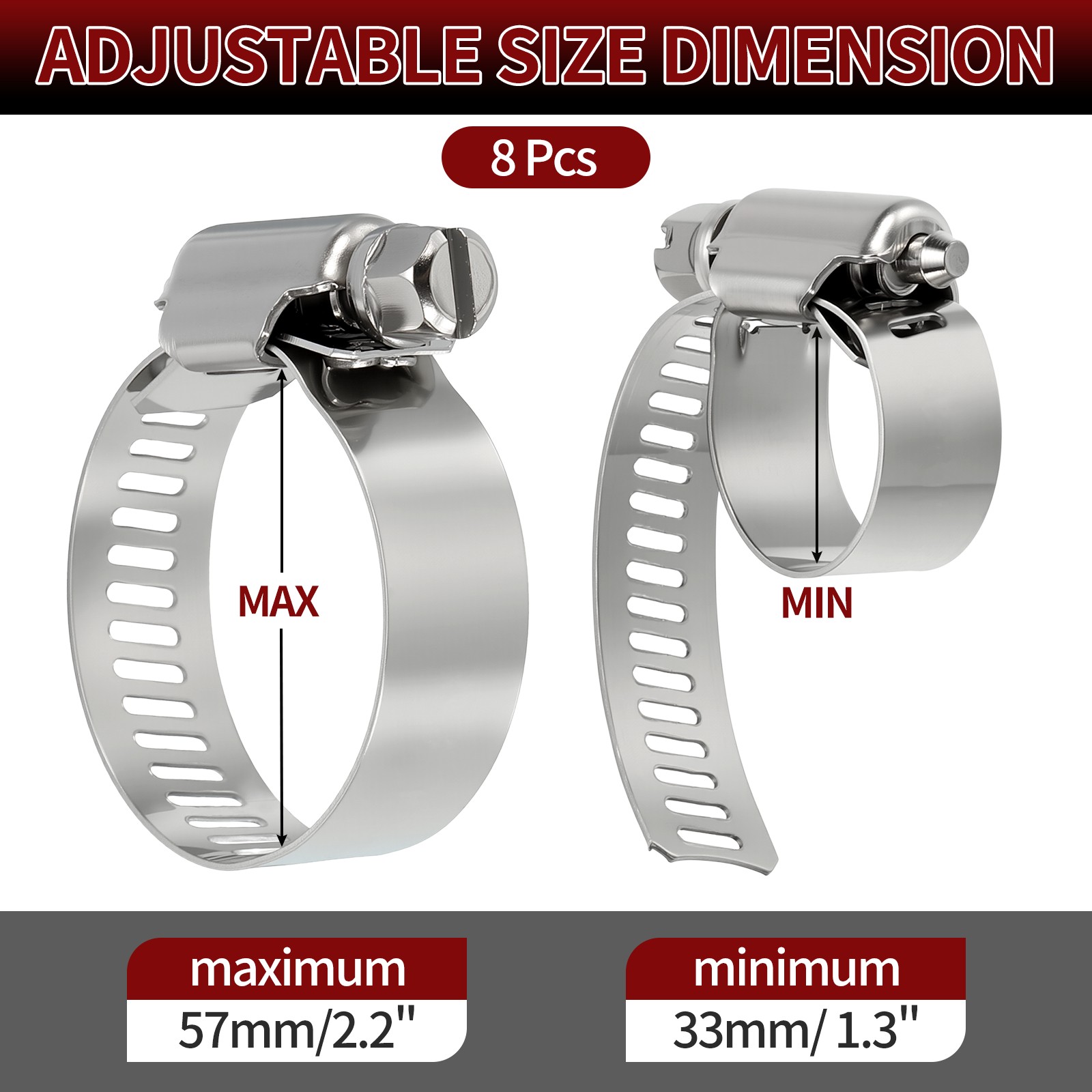 8 Pack Stainless Metal Hose Clamps, Large Adjustable from 1.3″ – 2.2″