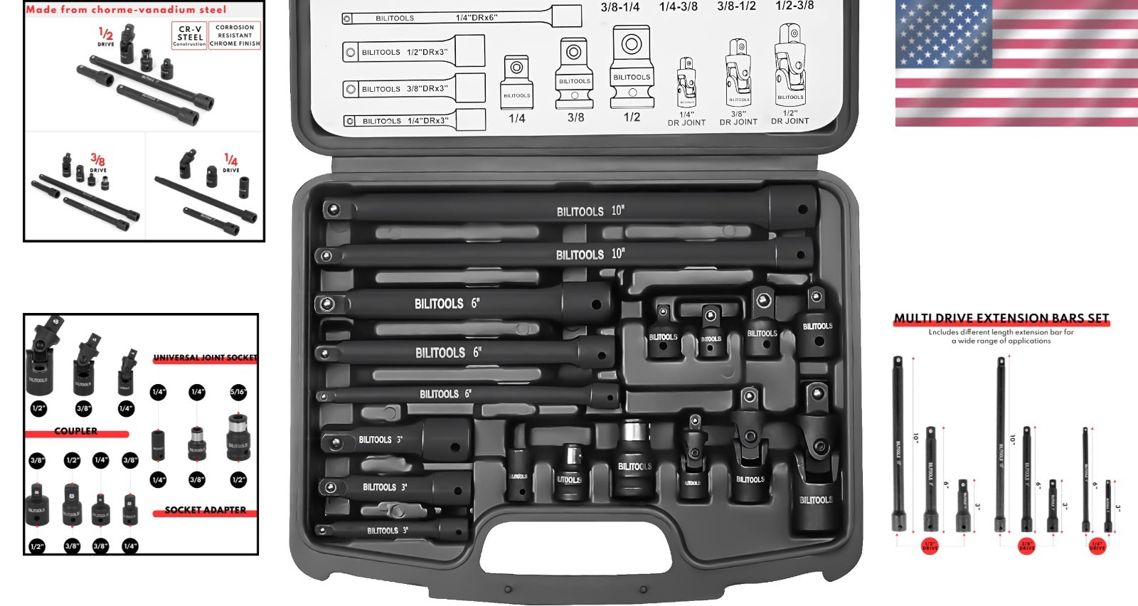 Impact Socket Extension Set with Storage Case – 1/4″, 3/8″, & 1/2″, 18-Piece Cr