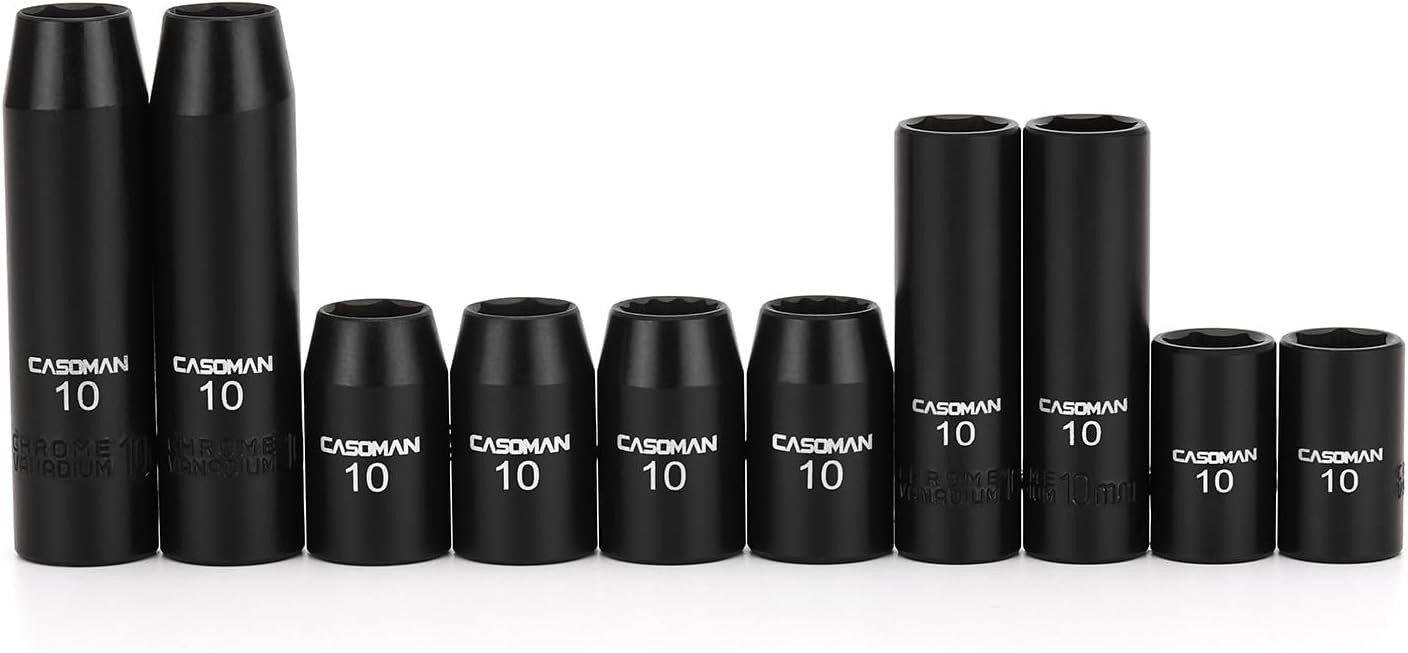 Impact Socket Set 10pcs 10mm Chrome Vanadium 1/4 3/8 Drive Black Finish