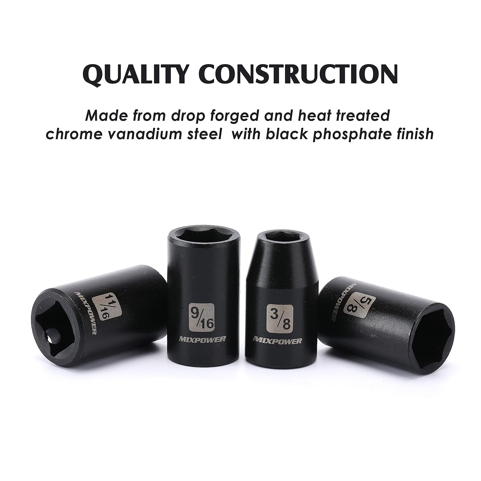 14-Piece 1/2″ Drive Shallow Impact Socket Set, 3/8″ to 1-1/4″, CR-V, SAE, 6 Poin