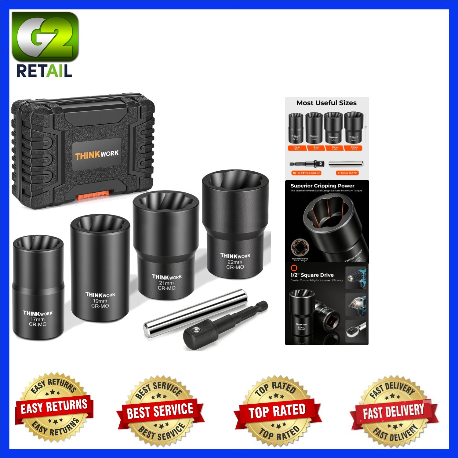 Durable 6-Piece Chrome Molybdenum Lug Nut and Bolt Extractor Set 1/2 Inch Drive