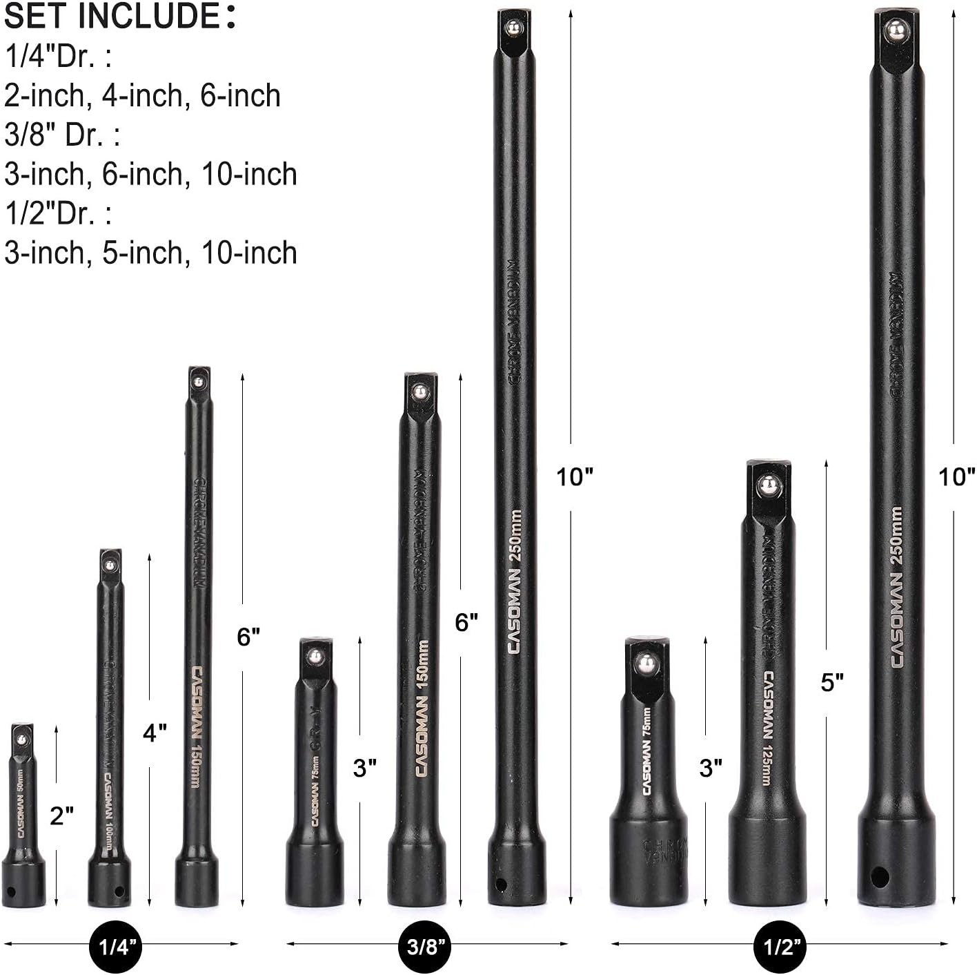 9-Piece Extension Bar Set for 1/4, 3/8 and 1/2 Drive Sockets with Carrying Case