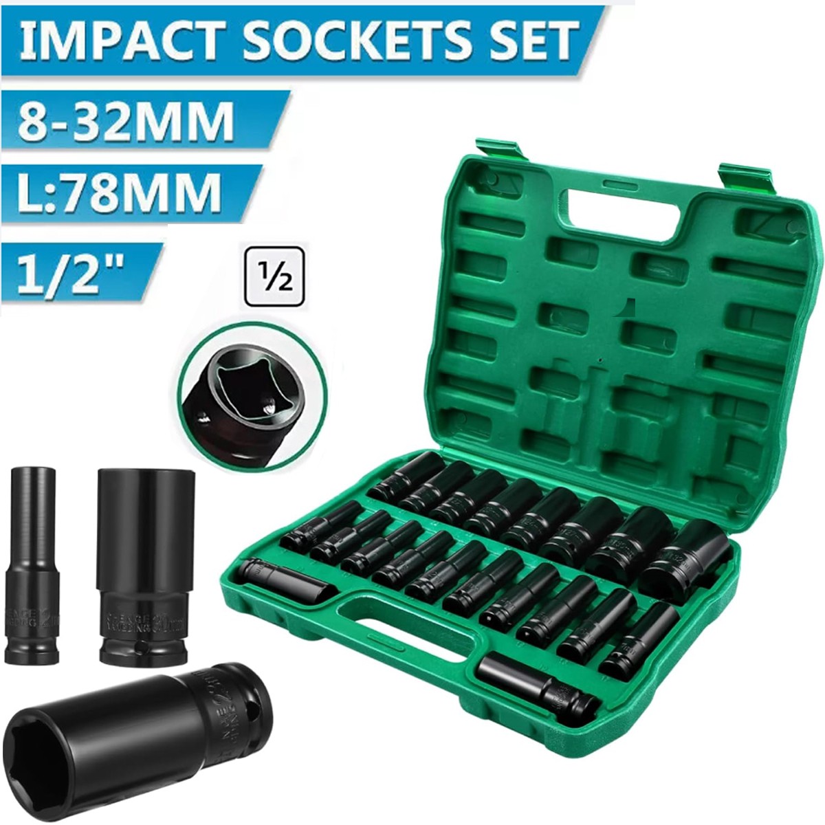 20PCS 1/2Inch Impact Sockets Set Drive Metric 8mm-32mm Deep 6-Point Set w/ case