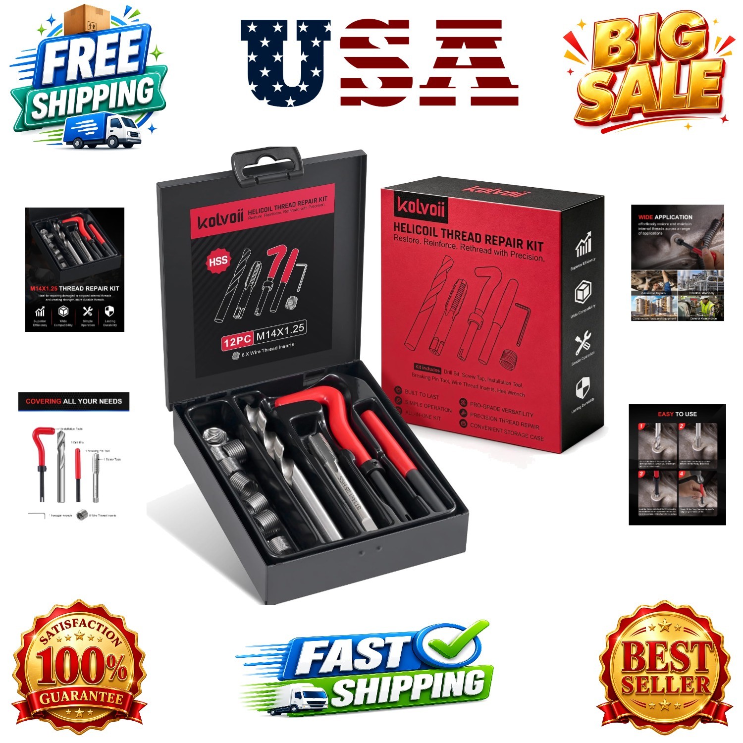 M14×1.25 Helicoil Thread Repair Kit for Spark Plug, Metric M14 Helicoil kit w…