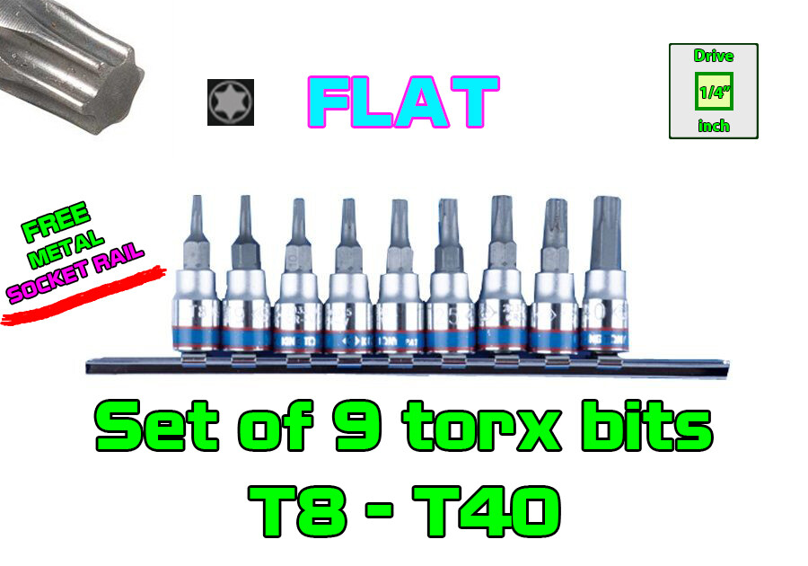 Set of 9 pcs 1/4” Drive TORX Bit Sockets Standard KING TONY 1/4 inch T8-T40